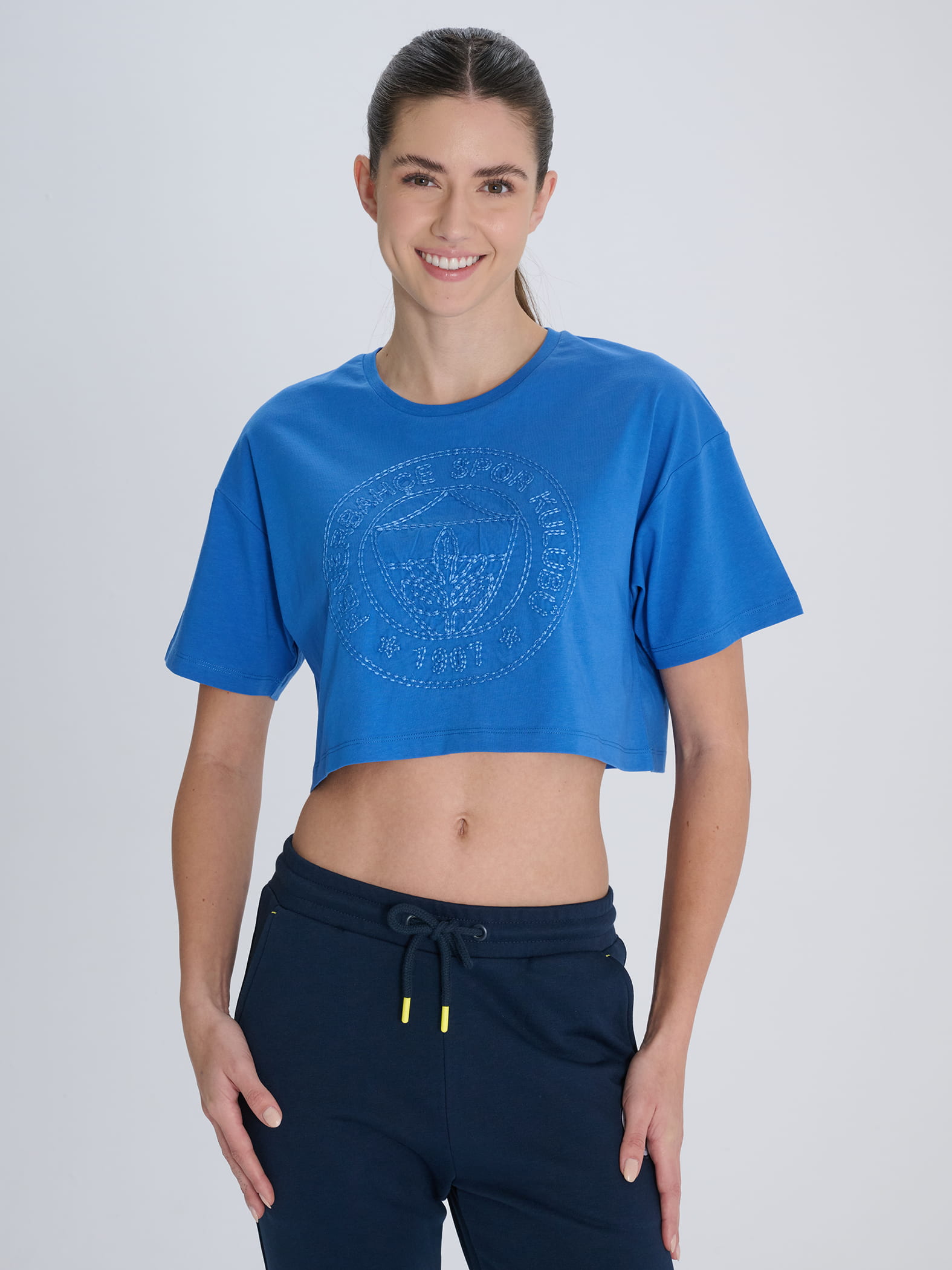 Fenerbahçe Mavi Aplike Nakışlı Tribün Kadın Oversize Tshirt